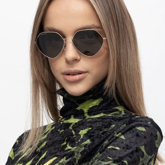 Gucci GG1182S 001 Sunglasses Gold Geometric Frame, Grey Lenses - Picture 3 of 11